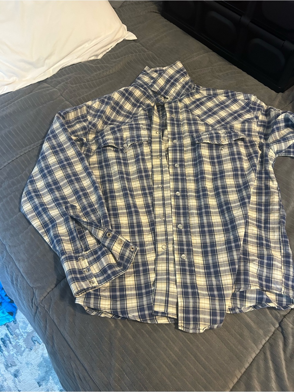 Men's Blue Plaid Button-Up Shirt pearl snap